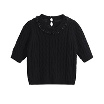 Fashion Black Beaded Crew Neck Pullover Knitted Sweater