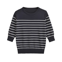 Fashion Black Polyester Striped Knitted Crew Neck Sweater