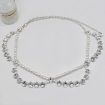 Fashion White Geometric Diamond And Pearl Beaded Body Chain