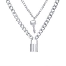 Fashion Silver Alloy Lock Key Double Layer Necklace
