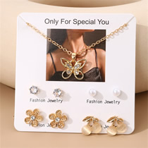 Fashion Gold Alloy Diamond Flower Cherry Butterfly Necklace And Earrings Set