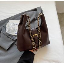 Fashion Brown Pu Belt Buckle Large Capacity Shoulder Bag