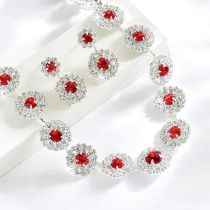 Fashion Silver Red Two Piece Set Geometric Diamond Round Necklace And Earrings Set