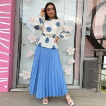 Fashion Blue Pleated Suit Polyester Printed Puff Sleeve Top And Pleated Skirt Suit