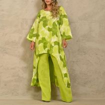 Fashion Yellow-green Polyester Printed Irregular Top And Trousers Suit