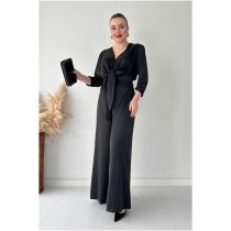 Fashion Black V-neck Lace-up Long-sleeved Top And Wide-leg Pants Suit