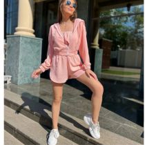 Fashion Pink Long-sleeved Hooded Jacket Tube Top Shorts Three-piece Set