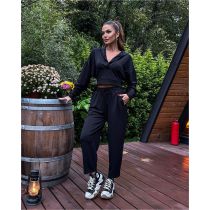 Fashion Black Hooded V-neck Long-sleeved Top And Lace-up Cropped Pants Two-piece Set