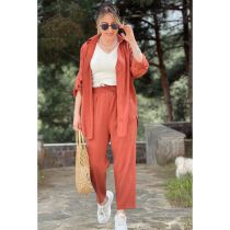 Fashion Orange Red Long-sleeved Lapel Shirt And Lace-up Cropped Pants Two-piece Set