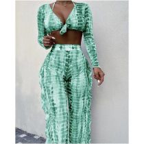 Fashion Green Nylon Halterneck Split Swimsuit Bikini Cover-up Sun Protection Pants Four-piece Set