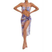 Fashion Royal Blue Polyester Printed Halter Neck Split Swimsuit Bikini Three-piece Set