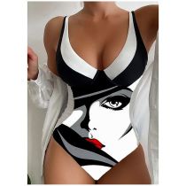 Fashion Black And White Polyester Printed One-piece Swimsuit