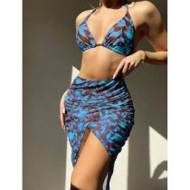 Fashion Blue Flower Polyester Halter Neck Printed Split Swimsuit Bikini Three-piece Set