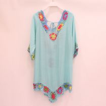 Fashion Sky Blue Polyester Crocheted Hollow Sun Protection Blouse