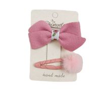 Fashion Pink Fur Ball Fabric Bow Pleated Plaid Children's Hair Clip