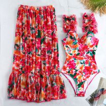 Fashion Yellow Pink Print Polyester Floral One Piece Swimsuit Skirt Set