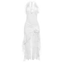 Fashion White Halterneck Lace-up Ruffled Long Skirt