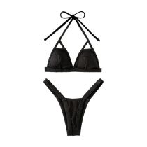 Fashion Black Polyester Halterneck Lace-up One-piece Swimsuit Bikini