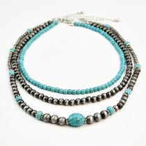 Fashion Silver Turquoise Beaded Three-layer Necklace