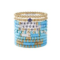 Fashion Blue Colorful Polymer Clay Letter Beaded Bracelet Set