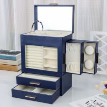 Fashion Navy Blue Pu Leather Multi-layer Vertical Opening Window Jewelry Storage Box