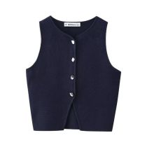Fashion Navy Blue Polyester Knitted Buttoned Vest