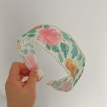 Fashion Green And Pink Embroidered Wide-brimmed Headband Cotton And Linen Embroidered Wide-brimmed Headband