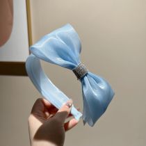 Fashion Blue Mesh Side Bow Headband Mesh Diamond Bow Wide-brimmed Headband