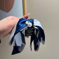 Fashion Dark Blue Color Matching Bow Ponytail Clip Fabric Color Block Bow Ponytail Clip