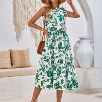Fashion Green Off-shoulder Strappy Printed Waist Long Skirt