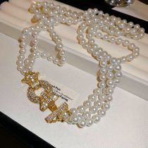 Fashion Necklace-white Metal Pearl Beads And Diamond Multi-layer Necklace