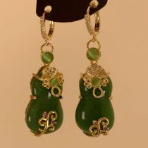 Fashion Earrings-gold-green Copper Diamond Gourd Hoop Earrings