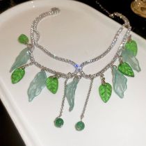 Fashion Necklace-silver-green Metal Diamond-encrusted Glass Leaf Double Layer Necklace