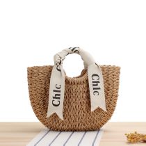 Fashion Small Camel + Letter Ribbon Letter Scarf Straw Handbag