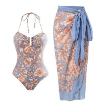 Fashion Color Suit Polyester Printed One-piece Swimsuit With Knotted Beach Skirt Set