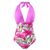 Fashion Pink Swimsuit Polyester Printed Halterneck Tie-up Swimsuit