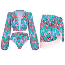 Fashion Suit Polyester Printed Hollow One-piece Swimsuit Overskirt Set