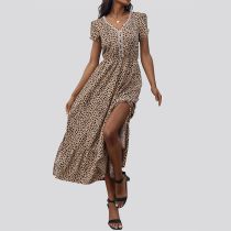 Fashion Khaki Leopard Print Slit Maxi Skirt