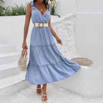 Fashion Blue Polyester Suspender Layered Long Skirt