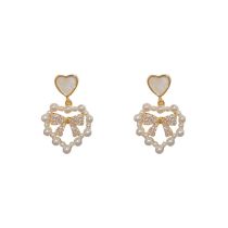 Fashion Pearl Love Zircon Bow Earrings (thick Real Gold Plating) Pearl Heart Inlaid Zirconia Bow Pendant Earrings
