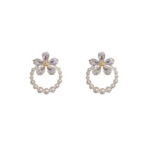 Fashion Zircon Flower Pearl Hoop Earrings (thick Real Gold Plating) Zirconia Flower Pearl Hoop Earrings