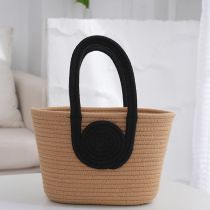 Fashion Brown Black Handle Cotton Woven Large Capacity Handbag