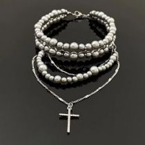 Fashion Silver Pearl Beaded Multi-layered Cross Necklace