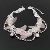 Fashion B Style Pink Butterfly Fabric Tulle Butterfly Crystal Chain Necklace