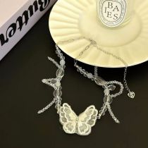 Fashion Silver Fabric Lace Butterfly Crystal Beaded Necklace
