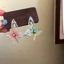 Fashion Silver Crystal Hollow Contrast Color Butterfly Stud Earrings