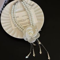 Fashion Silver Pearl Beads Camellia Necklace