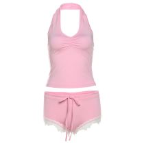Fashion Pink Polyester Halter Vest Low Waist Lace Shorts Set