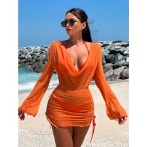 Fashion Orange Polyester Halter Neck Split Swimsuit Bikini Three Piece Set