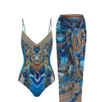 Fashion 18# Nylon Printed Lace-up One-piece Swimsuit With Knotted Beach Skirt Set